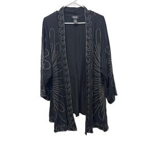 Embroidered Open Front Cardigan long sleeve flowy boho black size 3X